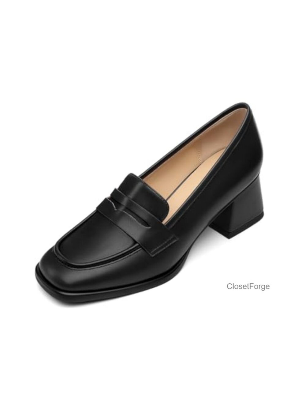Women's Faux Leather Chunky Heel Loafers Square Toe Slip On Work Shoes 2.1 Inch